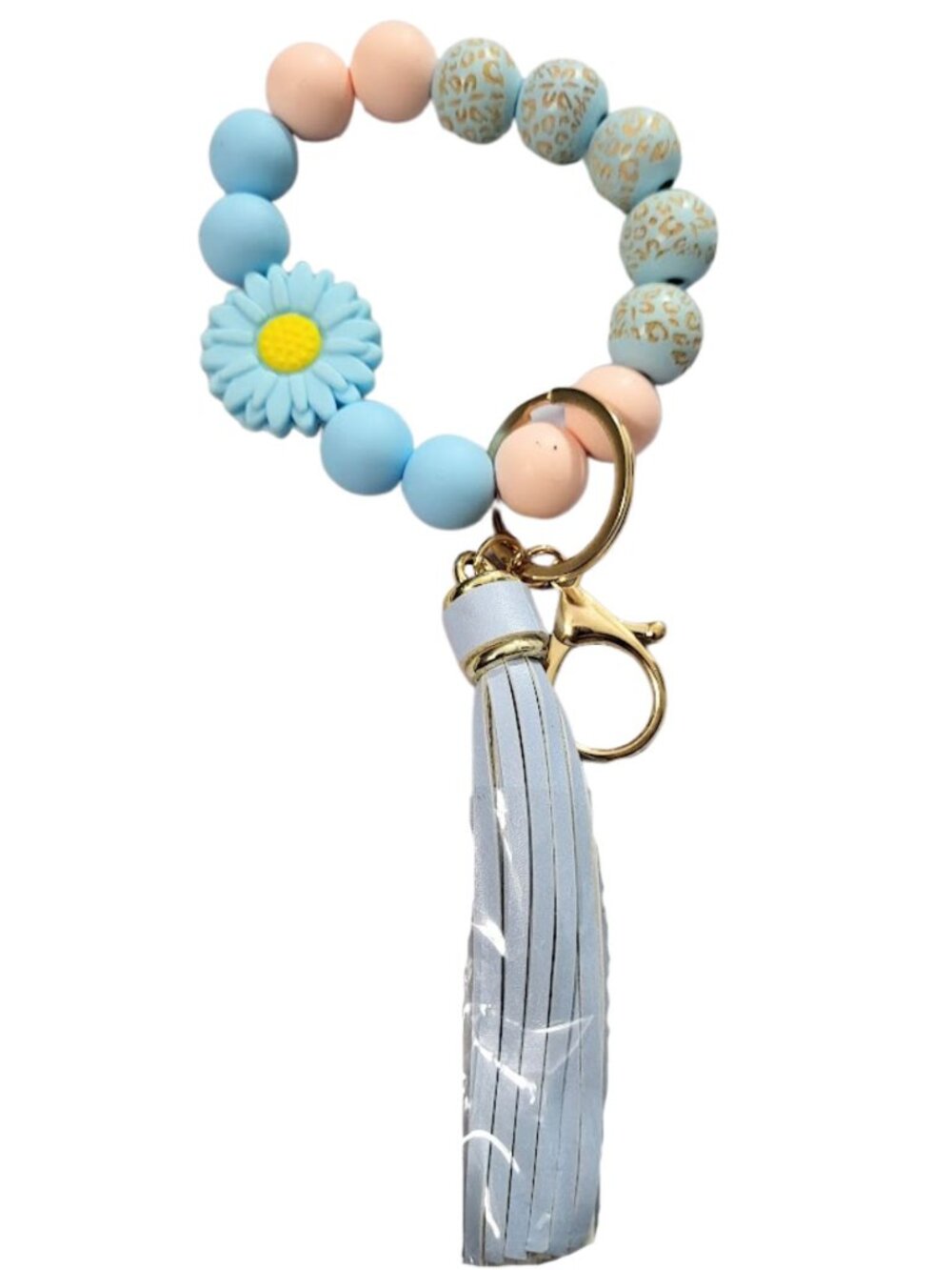 CHIC Blue Daisy Silicone Beaded Wristlet Keychain With Tassel - New In Package